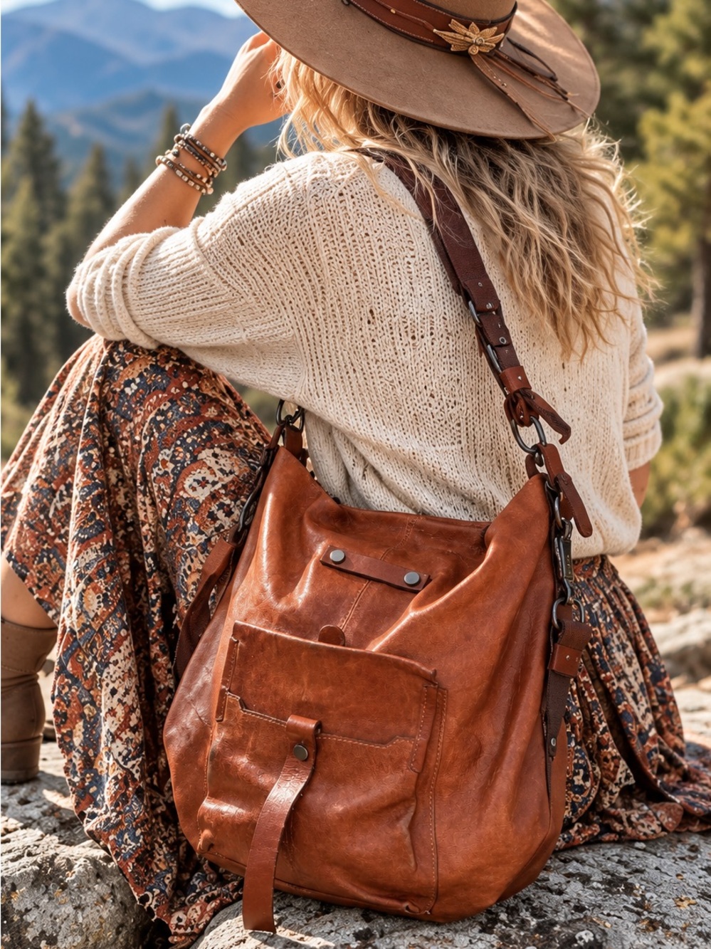 Sundance Italian Leather Crossbody Purse Cognac Brown Made in Italy Boho EUC